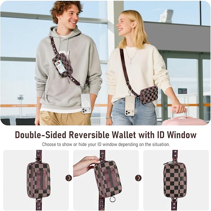 Clip and Go Strap for Phone with Wallet Crossbody Phone Lanyard and Detachable Checkered Bag with ID Window and RFID Pouch for Daily Travel.