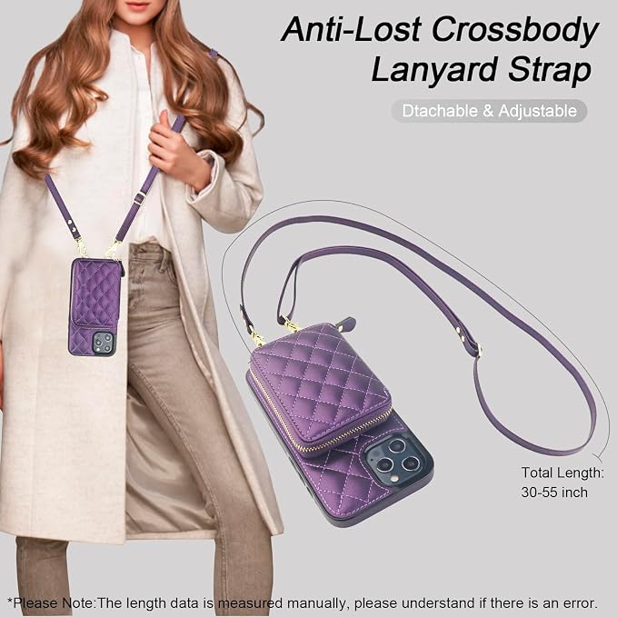 Bocasal Crossbody Wallet Case for iPhone 12 Pro Max, RFID Blocking PU Leather Zipper Handbag Purse Flip Cover, Kickstand Folio Case with Card Slots Holder Wrist Strap Lanyard 5G 6.7 Inch (Dark Purple)