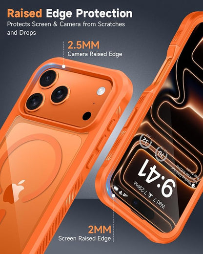 seacosmo for iPhone 17 Pro Case, Full Body Bumper with Built-in Tempered Glass Screen and Camera Lens Protector, Compatible with MagSafe, Shockproof 17 Pro Phone Case, 6.3", Orange
