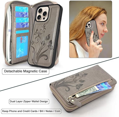 Lacass for iPhone 16 Pro Max 6.9 inch 2024 Wallet Case, Crossbody Dual Zipper Detachable Magnetic Leather Wallet Case Cover Wristlets Wrist Strap 13 Card Slots Money Pocket (Floral Gray)