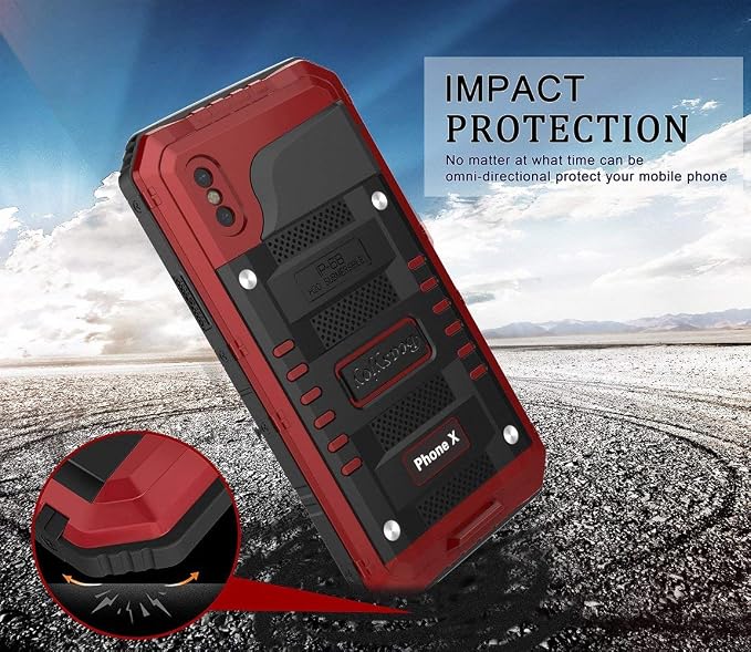 Beasyjoy for iPhone X iPhone 10 Metal Case Heavy Duty Aluminum Cover Waterproof with Screen Full Body Protector Shockproof Tough Rugged Durable Military Grade for Sports 5.8 inch, Red