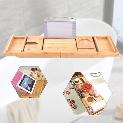 Bath Caddy Tray Bamboo Bathtub Tray Caddy Expandable with Wine Glass Holder and Book Stand