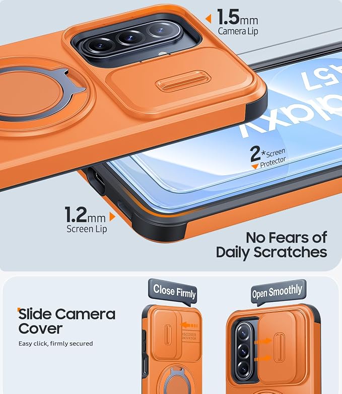 JAME for Samsung Galaxy A57 5G Case, Ring Holder Stand Kickstand, Slide Camera Cover, 2 Screen Protectors, Dual-Layer Shockproof Protective, Magnetic Accessory Friendly Galaxy A57 Phone Case, Orange