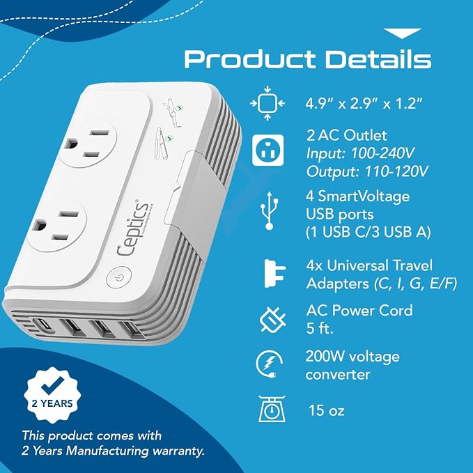 Ceptics 200W Voltage Converter – 220V to 110V Converter for Curling Iron & Straightener, Step Down Converter with USB-C PD 18W, Type C E/F G I Plugs