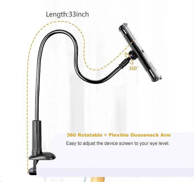 Gooseneck Tablet Holder Stand, Kindle Holder for Bed 33in Flexible Long Arm Clamp Clip Mount for iPad, iPhone, Switch, Galaxy Tabs, Kindle Fire, Phone 4.7''-11'' Tablet Devices