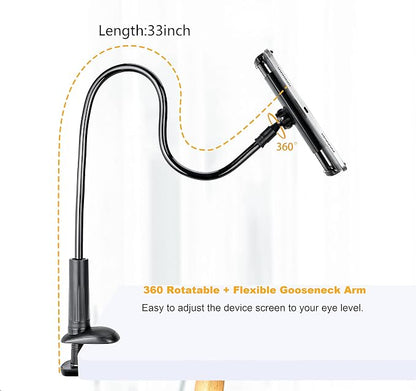 Gooseneck Tablet Holder Stand, Kindle Holder for Bed 33in Flexible Long Arm Clamp Clip Mount for iPad, iPhone, Switch, Galaxy Tabs, Kindle Fire, Phone 4.7''-11'' Tablet Devices
