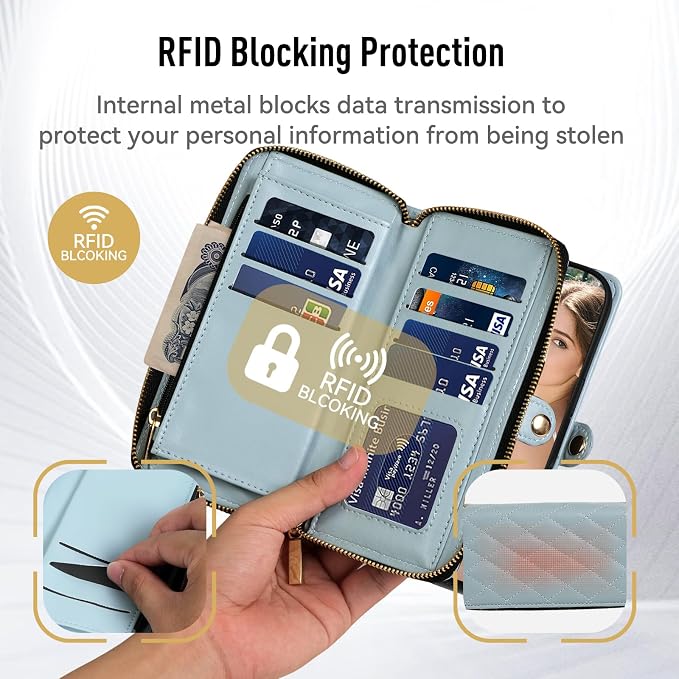 Rssviss Crossbody Case for iPhone 17 Case Wallet, RFID Blocking Leather with Card Holder Kickstand, Handbag Zipper Flip Cover with Wrist Strap for iPhone 17 Men Women 6.3", Blue