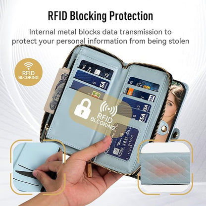 Rssviss Crossbody Case for iPhone 17 Case Wallet, RFID Blocking Leather with Card Holder Kickstand, Handbag Zipper Flip Cover with Wrist Strap for iPhone 17 Men Women 6.3", Blue