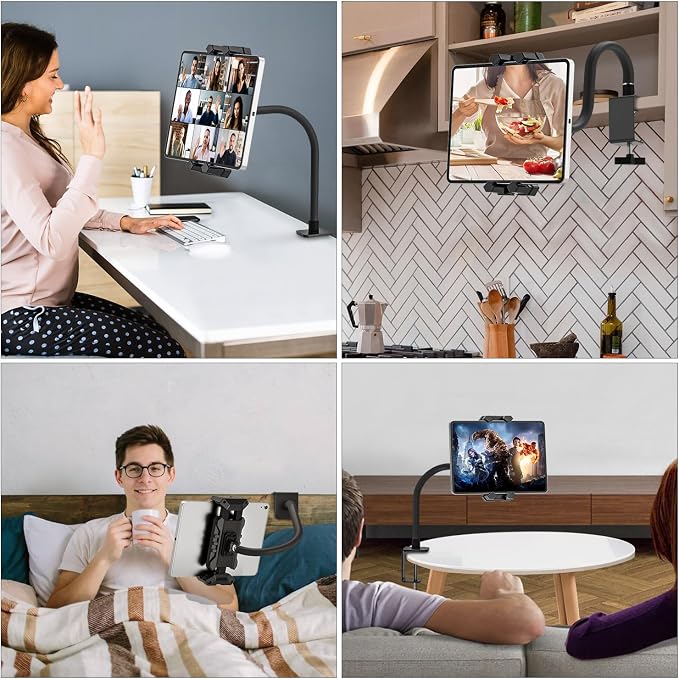 Tablet Stand Holder, Gooseneck iPad Desk Mount for Kitchen, Work Meetings, Video, Tablet Clamp Mount Compatible with iPad mini/Air/Pro, Kindle Fire HD, Galaxy Tabs and All 4.7-13.5" Tablets