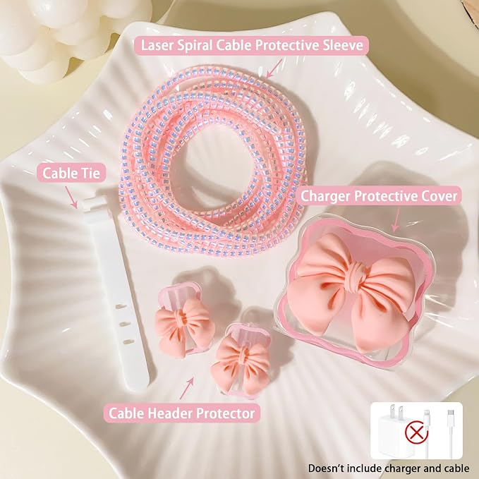 Lovmooful Compatible for iPhone 18W/20W USB-C Charger Cover Clear Lovely 3D Bowknot Waves Design Soft Charger Protector Cute Cable Case Saver Protector for Girls Women-Pink Bowknot