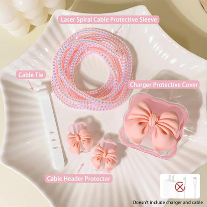 Lovmooful Compatible for iPhone 18W/20W USB-C Charger Cover Clear Lovely 3D Bowknot Waves Design Soft Charger Protector Cute Cable Case Saver Protector for Girls Women-Pink Bowknot