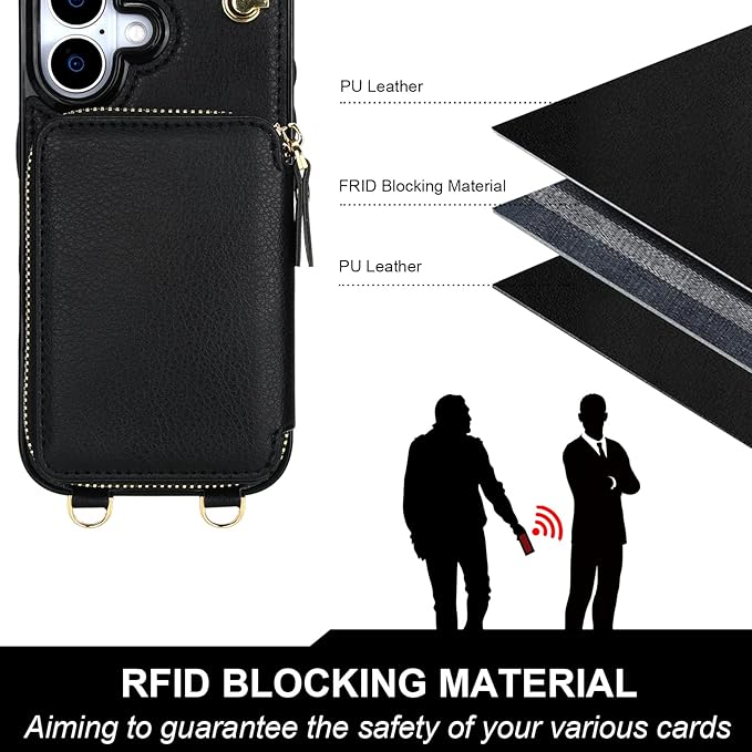 Bocasal for MagSafe Crossbody Wallet Case Compatible with iPhone 17, RFID Blocking Protective Purse Case with Card Slots Holder Kickstand Wrist Strap Lanyard Zipper 6.3 Inch 5G (Black)