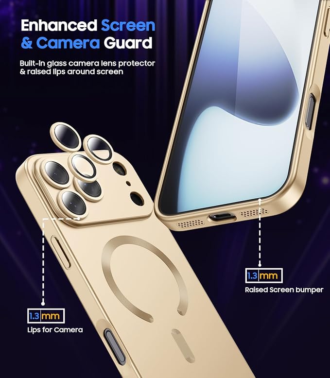 Magnetic for iPhone 17 Pro Case [Compatible with MagSafe][Built-in Camera Lens Protector] Slim Thin Soft Silicone Bumper Shockproof Metallic Luster Phone Case (Gold)