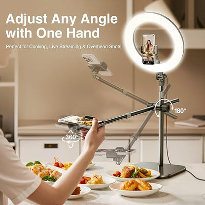 Overhead Phone Mount, Overhead Camera Mount Stand [Anti-Shaking] with 10.5" Ring Light, Desk Stand for iPhone with Ring Light for Video Recording, Zoom Meeting, YouTube, TikTok