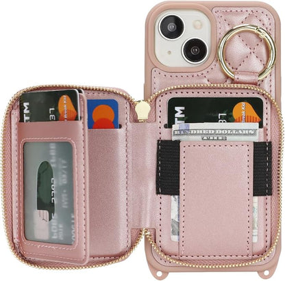 Crossbody Wallet Case for iPhone 14, PU Leather Zipper Handbag Purse Flip Cover, Kickstand Folio Case with Card Slots Holder Wrist Strap Lanyard 5G 6.1 Inch-Rose Gold