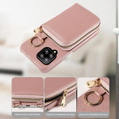 Wallet Case for Samsung Galaxy A22 4G 6.4 inch with Shoulder Strap Ring Buckle, PU Leather Zipper Organ Purse, Credit Card Holder Stand Phone Cover for M32 M22 F22 A 22 22A G4 Women Rose Gold