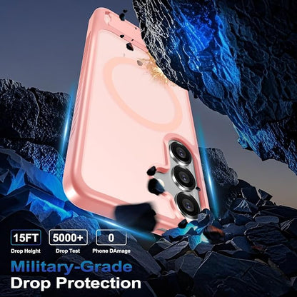 RMOCR for Samsung Galaxy S25 Case with Screen Protector+Lanyard Wrist Strap,Magnetic Translucent Matte Rugged Slim Phone Cover Built in Invisible Kickstand [Fit for MagSafe],2025 Cute Pink