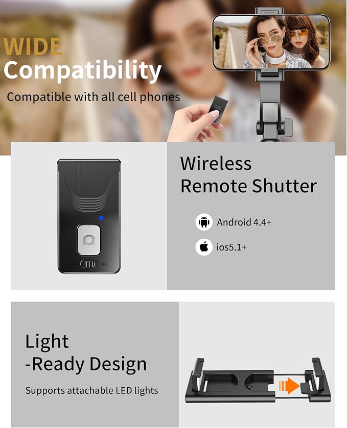 67'' Selfie Stick Tripod, Cell Phone Tripod with Integrated Wireless Remote, Portable Selfie Stick for iPhone Video Recording, Extendable Phone Stand for iPhone Android Content Creator Filming