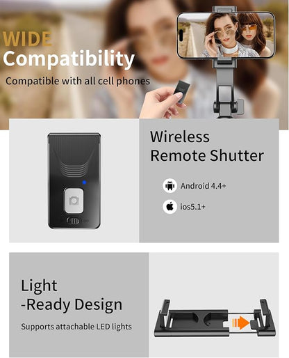 67'' Selfie Stick Tripod, Cell Phone Tripod with Integrated Wireless Remote, Portable Selfie Stick for iPhone Video Recording, Extendable Phone Stand for iPhone Android Content Creator Filming