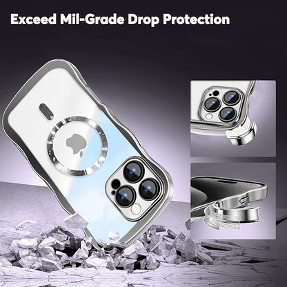 Misscase Designed for iPhone 16 Pro Case 6.3",with Privacy Screen Protector*1,Cute Wave Frame Case with Camera Lens Protector,Compatible with MagSafe Plating Bling for Women Silver