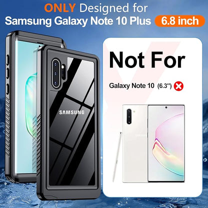 Hualele for Samsung Galaxy Note 10 Plus Case Waterproof, Built in Lens & Screen Protector Rugged Full Body Protective Military Grade IP68 Underwater Cover Case for Galaxy Note 10+ Plus Black