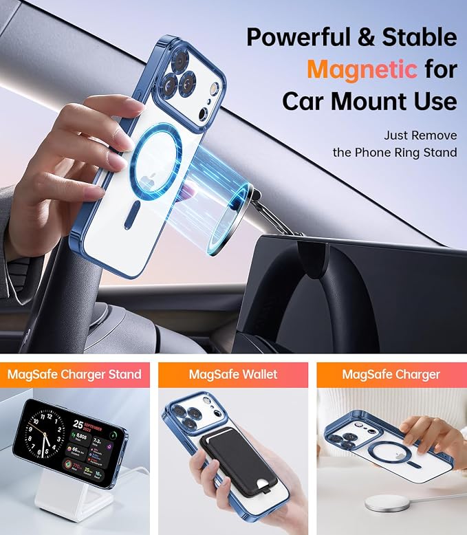 Meifigno Case Designed for iPhone 17 Pro 6.3 Inch with Removable Phone Ring Stand, [Glitter Card & Wrist Strap] [MagSafe Compatible] [Built-in Mirror] Phone Ring Stand + Phone Case Kit, Blue
