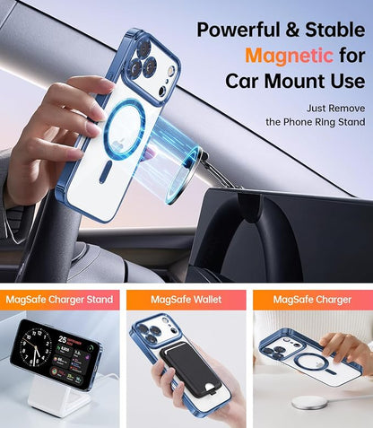 Meifigno Case Designed for iPhone 17 Pro 6.3 Inch with Removable Phone Ring Stand, [Glitter Card & Wrist Strap] [MagSafe Compatible] [Built-in Mirror] Phone Ring Stand + Phone Case Kit, Blue