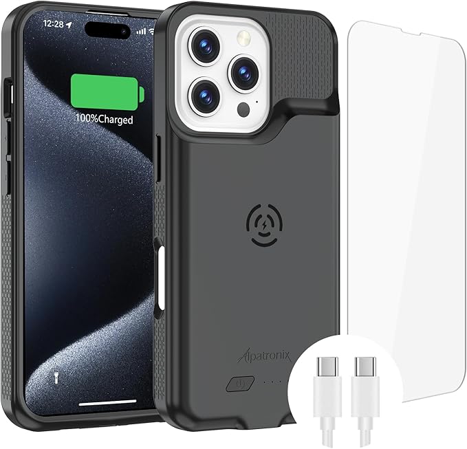 Alpatronix Battery Case for iPhone 16 Pro Max, Portable Strong Slim Protective Extended Charger Cover, 15W Fast Charging, High Capacity with Wireless Charging Case (BX16PM) Black