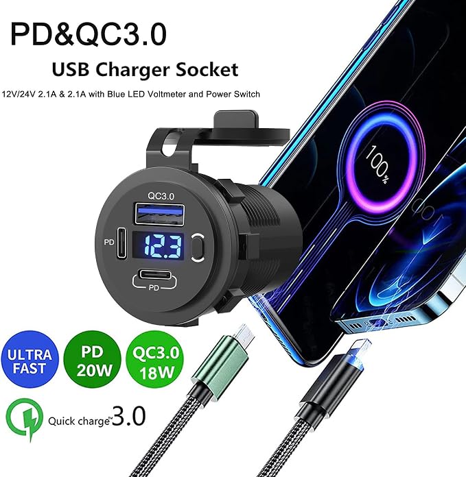 Zennova, 5 Pack USB C Charging Adapter, 58W 12v Outlet with PD USB C & QC 3.0 Ports, Waterproof, Voltmeter, Power Switch for Car, Golf Cart, Boat, Marine, Bus, Truck, RV, Motorcycle