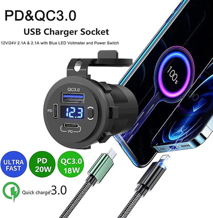 Zennova, 5 Pack USB C Charging Adapter, 58W 12v Outlet with PD USB C & QC 3.0 Ports, Waterproof, Voltmeter, Power Switch for Car, Golf Cart, Boat, Marine, Bus, Truck, RV, Motorcycle