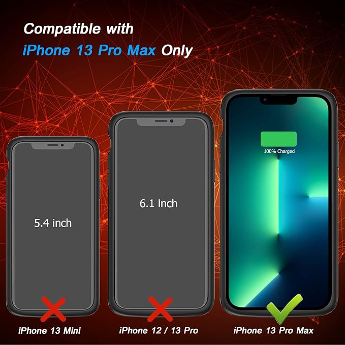 Battery Case for iPhone 13 Pro Max, [12000mAh] Enhanced Portable Protective Qi Wireless Charger Case Battery Pack with CarPlay Wireless Charging Case Compatible for iPhone 13 Pro Max (6.7 inch)-Black