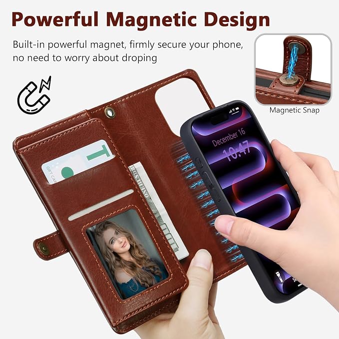 Wallet Case for iPhone 16 Pro Max with Card Holder/Crossbody Wallet/Strap| RFID Blocking | Magnetic | Kickstand | Detachable | PU Leather Phone Case for iPhone 16 Pro Max,6.9 in,Brown