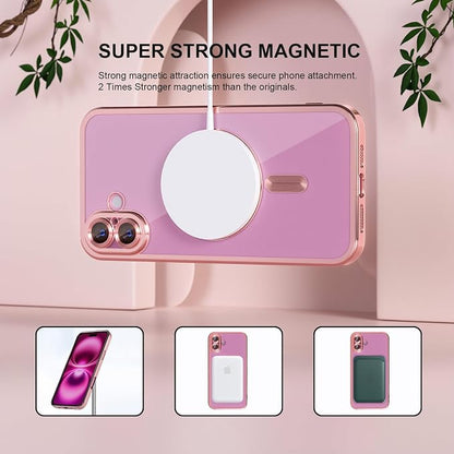 Misea Magnetic for iPhone 16 Case Compatible with MagSafe [Never Yellowing] [Military Grade Drop Protection] Full Camera Lens Protector Plating Soft Clear Phone Case for Women 6.1 inch, Pink