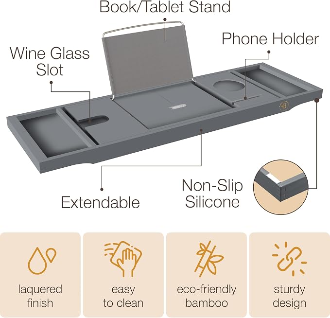 Wooden Bathtub Tray - Foldable and Expandable Bamboo Bath Tray for Tub with Wine Holder, Book and Tablet Stand - Bath Caddy Tray for Bathtub, Spa Bath Accessories, Tub Tray Table (Charcoal Gray)