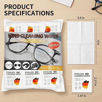 150 Count Eyeglasses Cleaner Wipes - Lens Cleaning Wipes Glasses Cleaner Cloth Individually Wrapped Large Wipes for Eyeglass, Glasses, Lens, Screen Cleaning, Phone, Computer, Camera Use, Travel