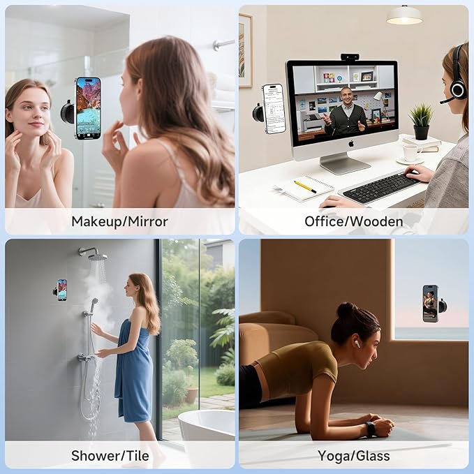 Vacuum Magnetic Shower Phone Holder for Mirror/Tile/Glass/Wood, 360° Adjustable Mirror Phone Holder for Shower/Bathroom/Office/Car with Suction Cup, Shower Phone Mount for iPhone MagSafe and Android