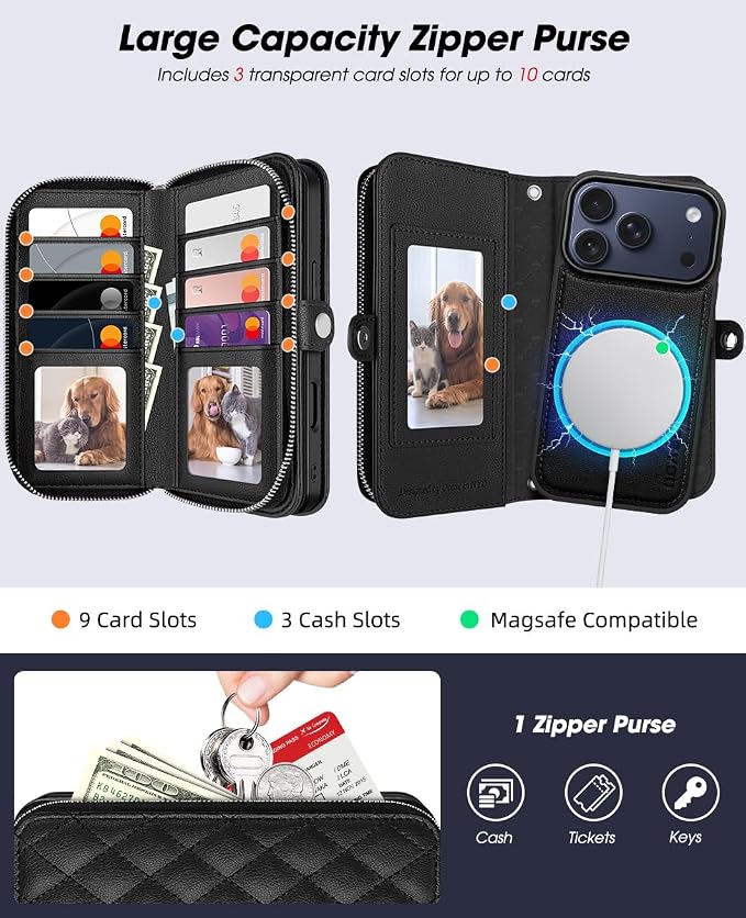 OCASE for iPhone 17 Pro Max Crossbody Detachable Wallet Case, PU Leather Handbag Phone Purse with Zipper Closure, Card Slots & RFID Blocking, Wrist Strap, Lanyard, Kickstand, Diamond Check Black
