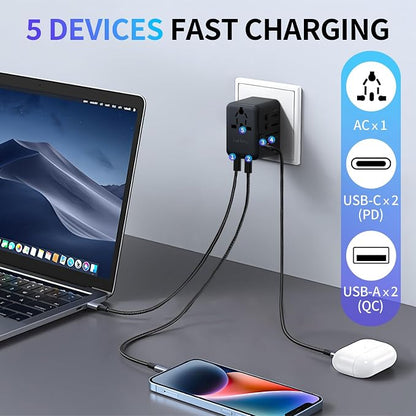 All-in-One 45W Quick Charging Universal Travel Adapter with 4 Ports (2 USB-C + 2 USB-A) - Worldwide Plug Converter for USA, EU, UK, AUS | Compact Power Adapter for International Travel