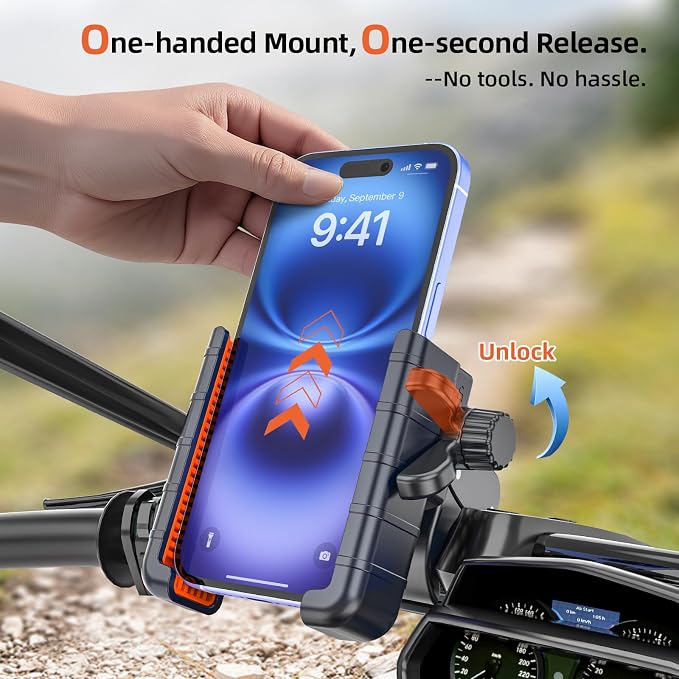 𝟑𝐫𝐝-𝐆𝐞𝐧 Anti Vibration Motorcycle Phone Mount Bike Phone Holder, E-Bike Handlebar Cell Phone Holder with Secure Lock, Electric Scooter Phone Holder for Bicycle/ATV Fit 4.7-7'' Phone
