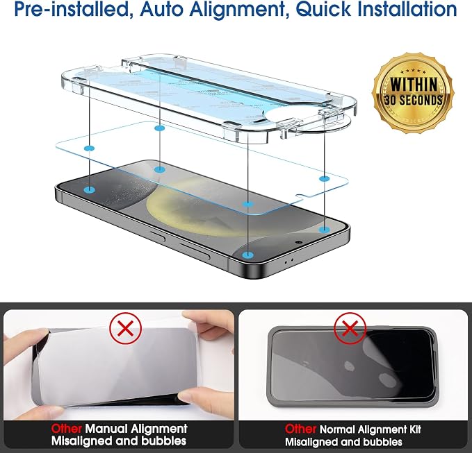 amFilm Auto-Alignment OneTouch for Samsung Galaxy S24 6.2" Screen Protector + Camera Lens Protector,Tempered Glass,30 Seconds Installation, Case Friendly , Bubble Free , Anti-Scratch [2+2 Pack]