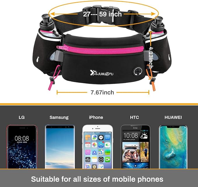 Number-one Running Belt with Water Bottles(2 x 175ML), Hydration Belt Waterproof Waist Pack Bag Fits iPhones Adjustable Sports Waist Pouch for Marathon Running Hiking Cycling, Rose Red