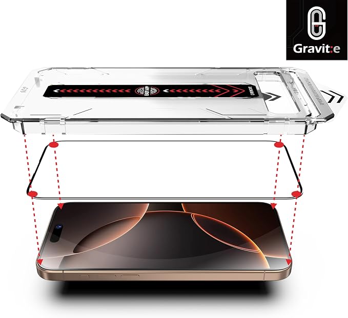 Gravit:e Screen Protector for iPhone, 9H Tempered Glass, Smart Installation Tool, Automatic Fine Dust Removal and Camera Protector 2 Pack (iPhone 16Pro)