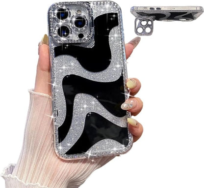 for iPhone 16 pro max Case Glitter Camera Lens Protector Phone Case for Women Girls Aesthetic Design TPU Shockproof Protective Case (Wavy)