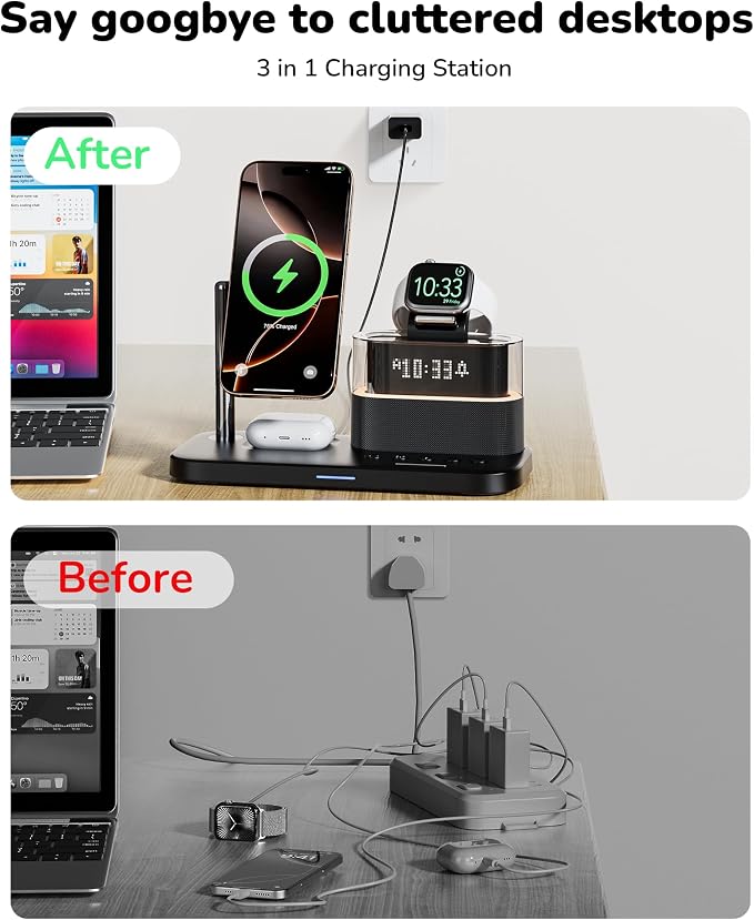 Compatible with Qi2 Certified Wireless Charging Station with Alarm Clock and Night Light,15W Fast 5 in 1 Mag-Safe Charger Stand for iPhone 16 15 14 13 12 Pro Max,Apple Watch,Air-Pods(Black)