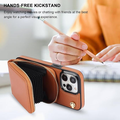 KIHUWEY Crossbody Wallet Case for iPhone 15 Pro Max, Zipper Pocket Case with Card Holder, PU Leather RFID Blocking Protective Cover with Kickstand and Detachable Wrist Strap Lanyard, 6.7" (Brown)