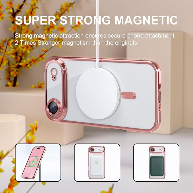Misea Magnetic for iPhone 17 Air Case Compatible with MagSafe [Never Yellowing] [Military Grade Drop Protection] Full Camera Lens Protector Plating Soft Clear Phone Case for Women, Pink