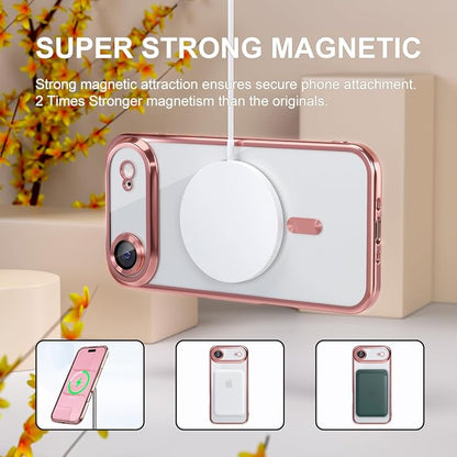 Misea Magnetic for iPhone 17 Air Case Compatible with MagSafe [Never Yellowing] [Military Grade Drop Protection] Full Camera Lens Protector Plating Soft Clear Phone Case for Women, Pink