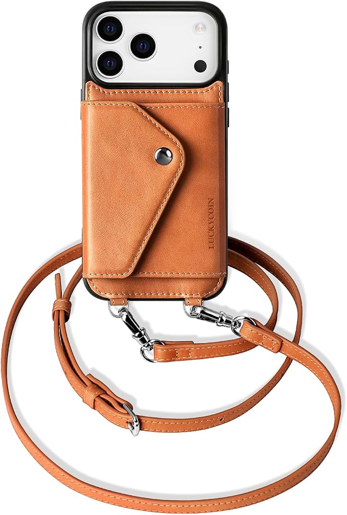 LUCKYCOIN for iPhone 17 Pro Max Crossbody Wallet Case – Genuine Leather Phone Purse with Adjustable Strap and Card Holder,Lanyard Phone Purse Case for Women,Vintage Brown