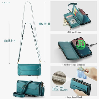 Strapurs Wallet Case Compatible with iPhone 16 6.1" RFID Blocking 7-Card Holder Soft PU Leather Magnetic Snap Shoulder Strap Zipper Pocket Phone Case Fit for iPhone 16 for Women - Blue Green