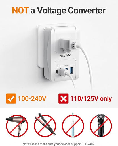 BESTEK Universal Travel Adapter, International Power Adapter with 1 Outlets 4 USB Charging Ports (1 USB C PD 35W), Plugs for EU, UK, US, China, AU, Japan - for Laptop, Phone, Camera